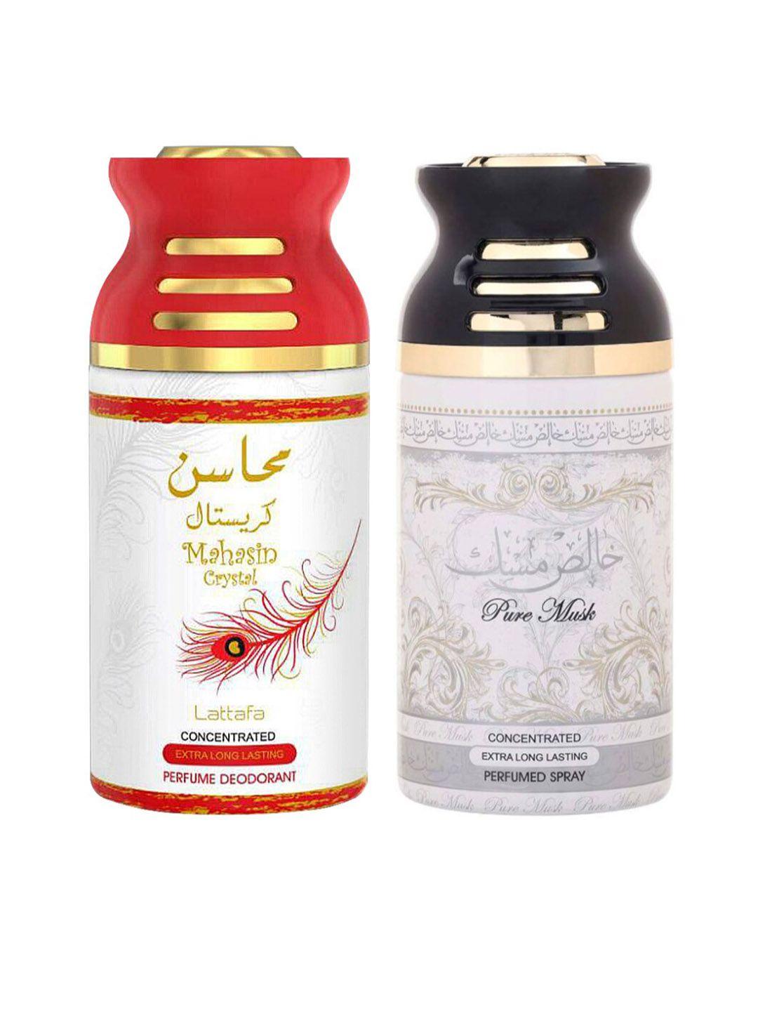 lattafa pack of 2 mahasin crystal  & pure musk perfumed deodorant