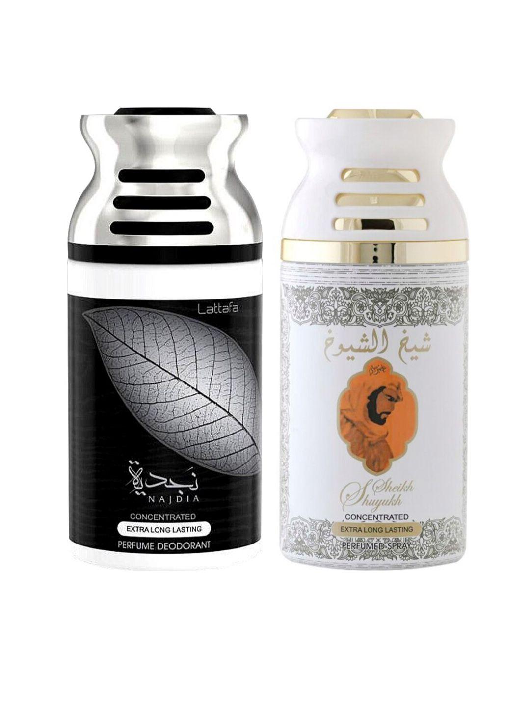 lattafa pack of 2 najdia & sheik al shuyukh kususi perfumed deodorant bodyspray 250ml