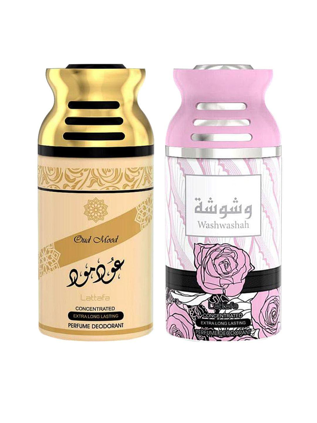 lattafa pack of 2 oud mood & washwashah perfumed deodorant bodyspray-250ml each