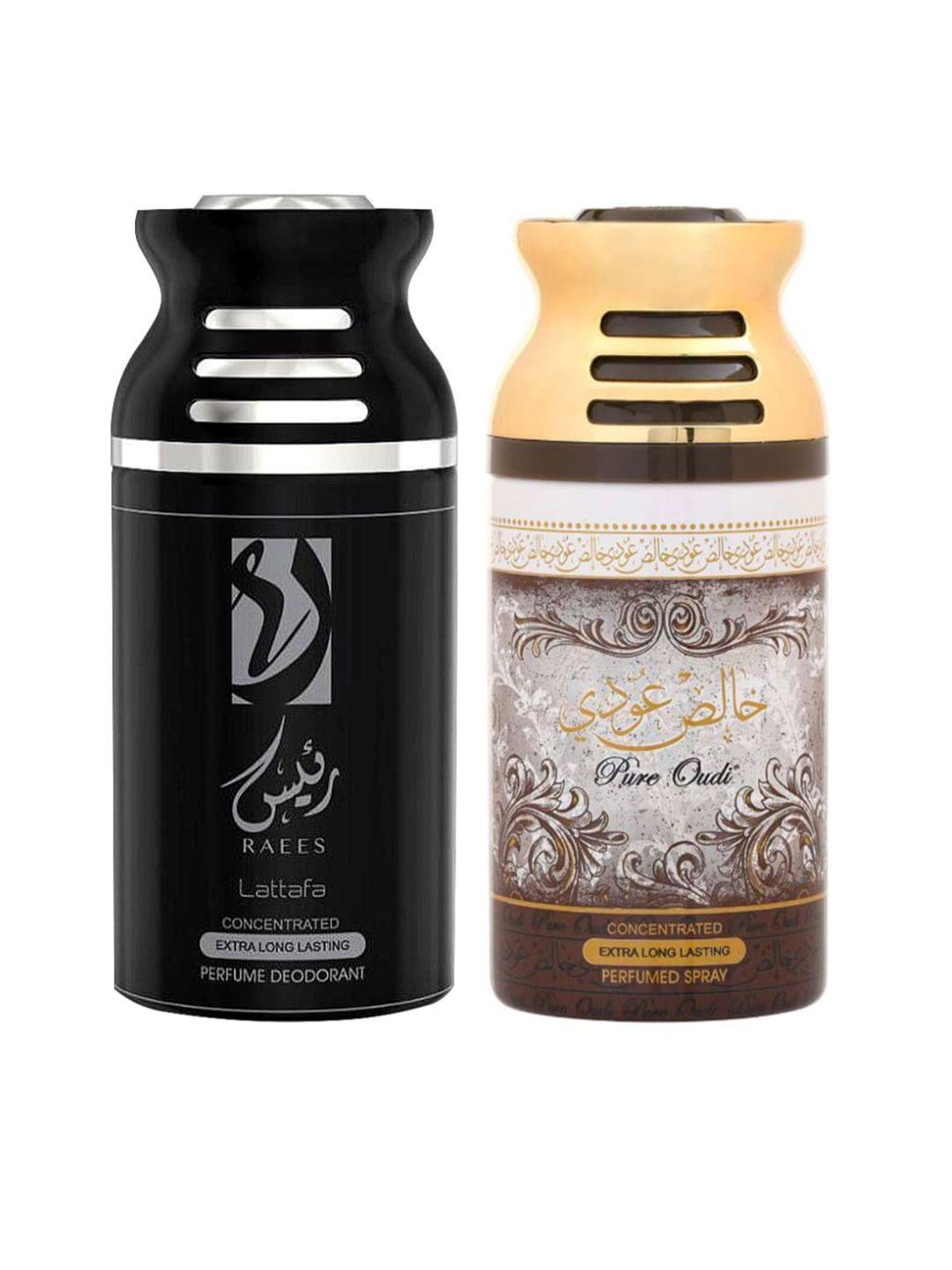 lattafa pack of 2 raees & pure oudi perfumed deodorant bodyspray, 250ml each