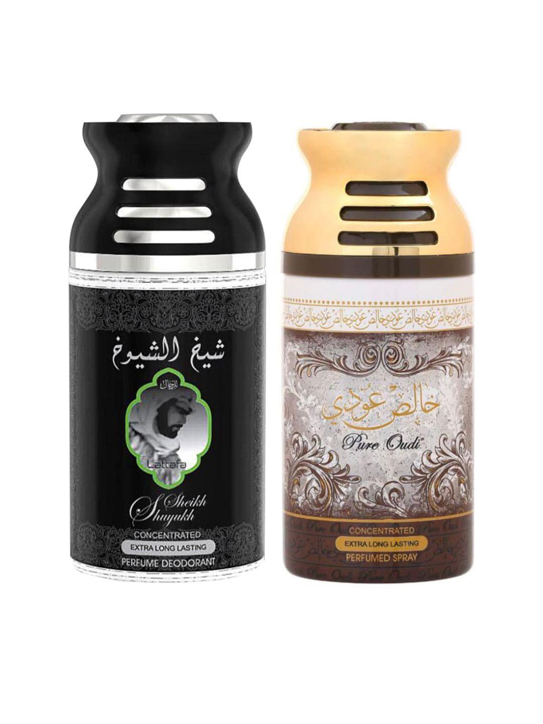 lattafa pack of 2 sheik al suyukh & pure oudi perfumed deodorant body spray