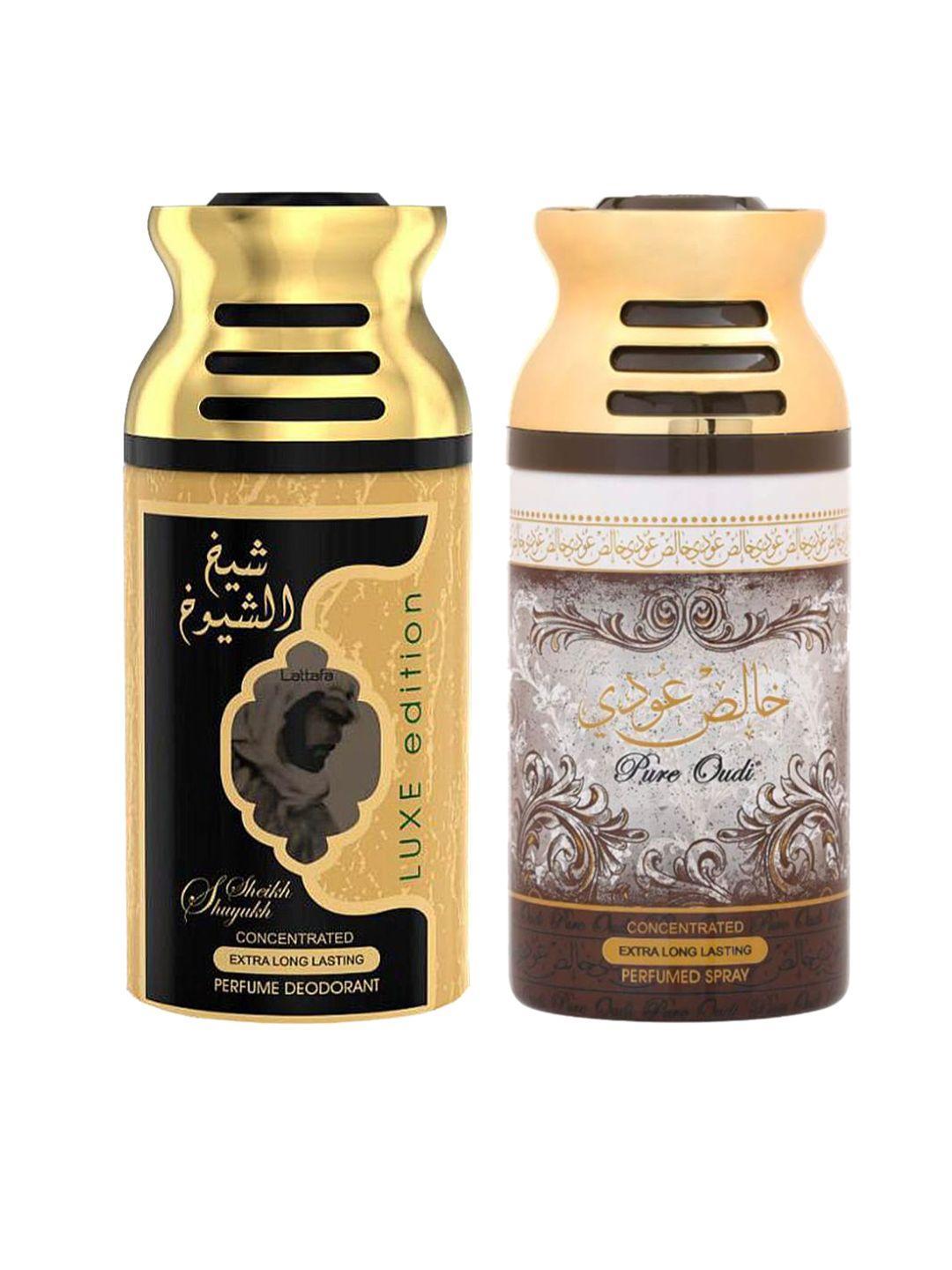 lattafa pack of 2 sheik al suyukh luxe edition & pure oudi perfumed deodorant body spray