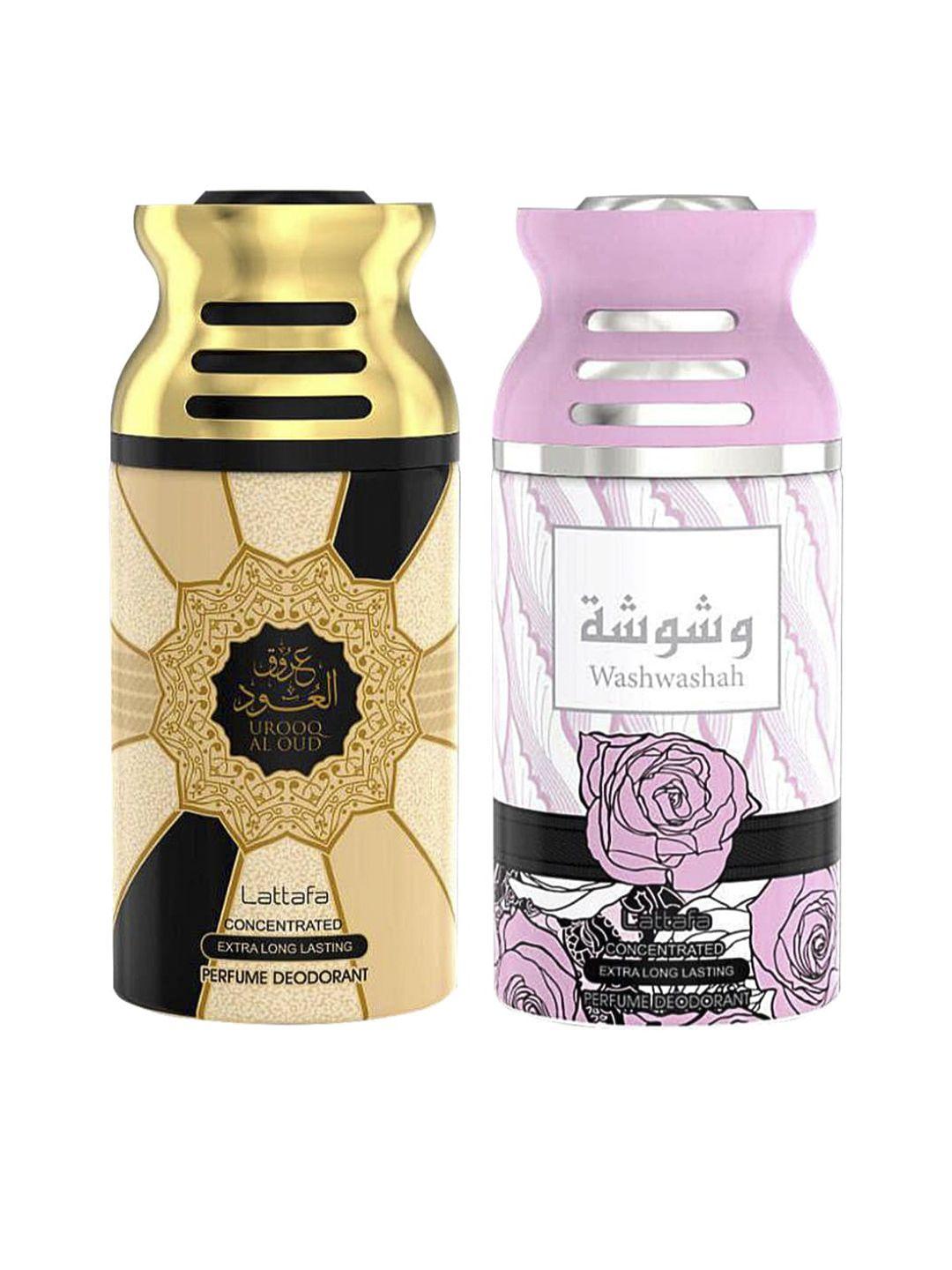 lattafa pack of 2 urooq al oud & washwashah perfumed deodorant body spray 250ml
