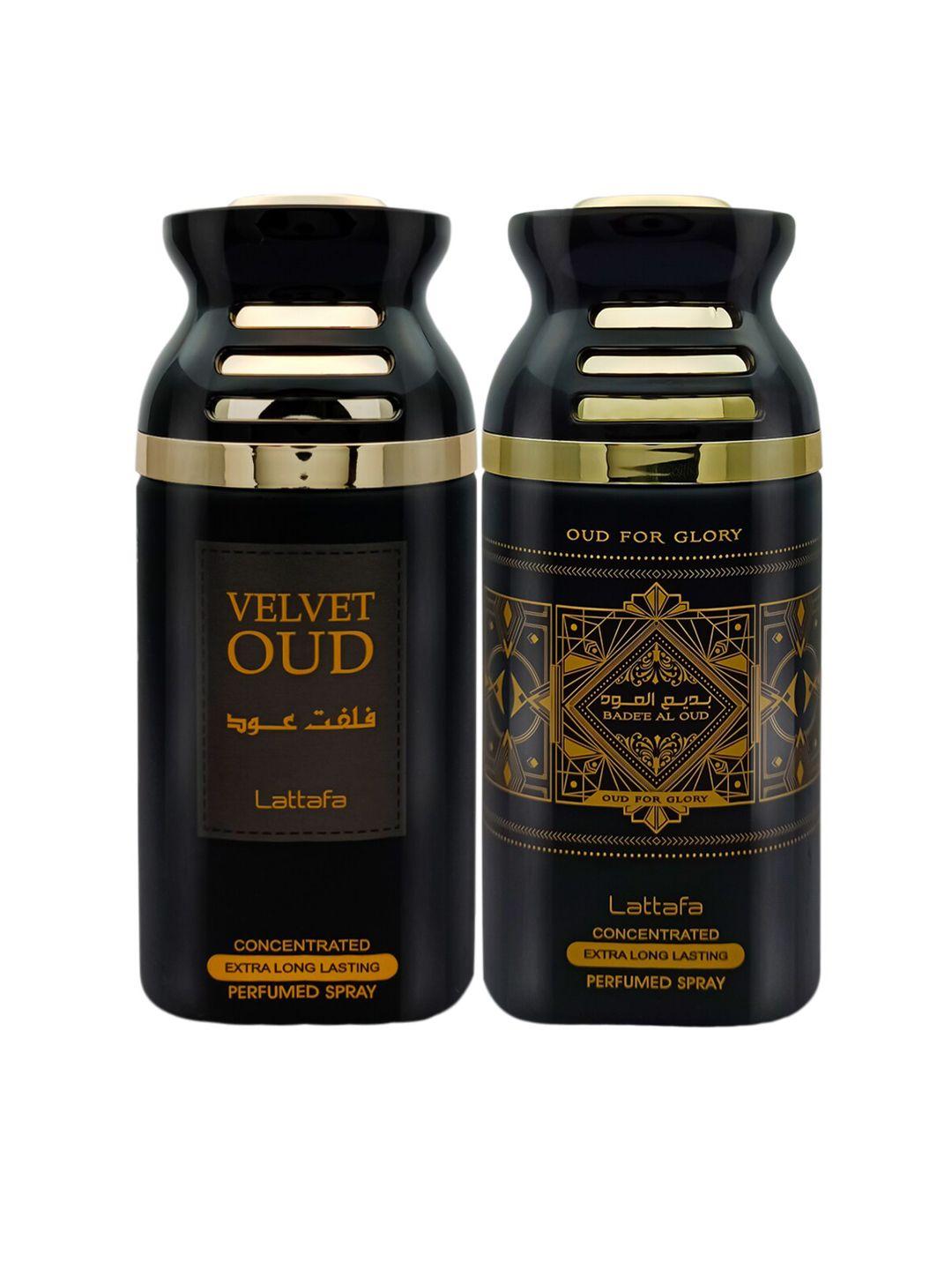 lattafa pack of 2 velvet oud & badee al oud perfumed body spray - 250ml each