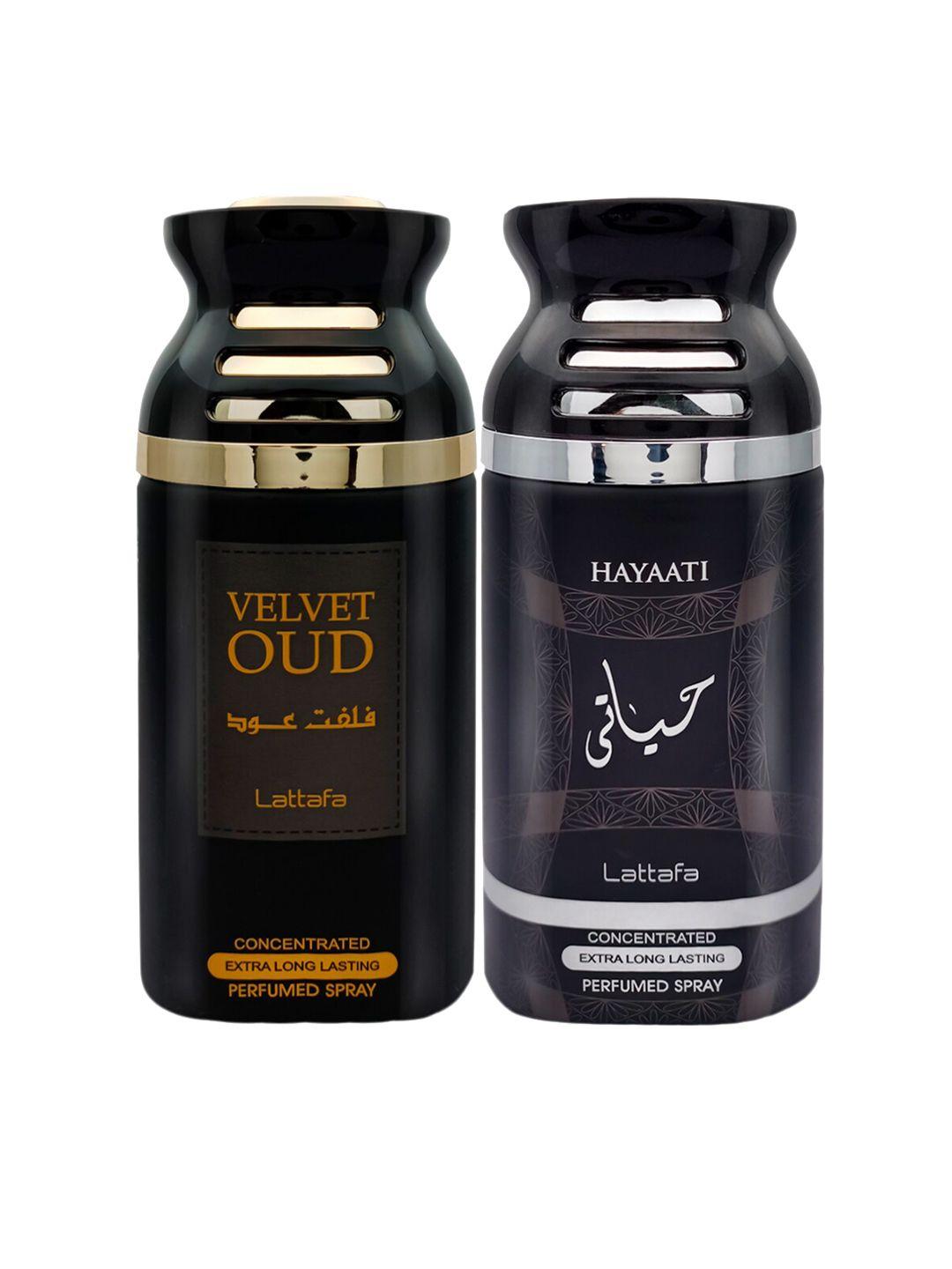 lattafa pack of 2 velvet oud & hayaati perfumed body spray-250ml each