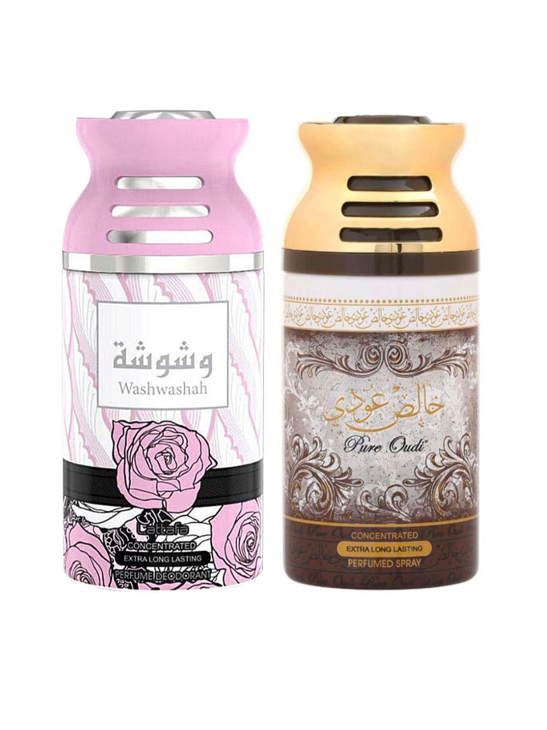 lattafa pack of 2 washwashah & pure oudi perfumed deodorant body spray