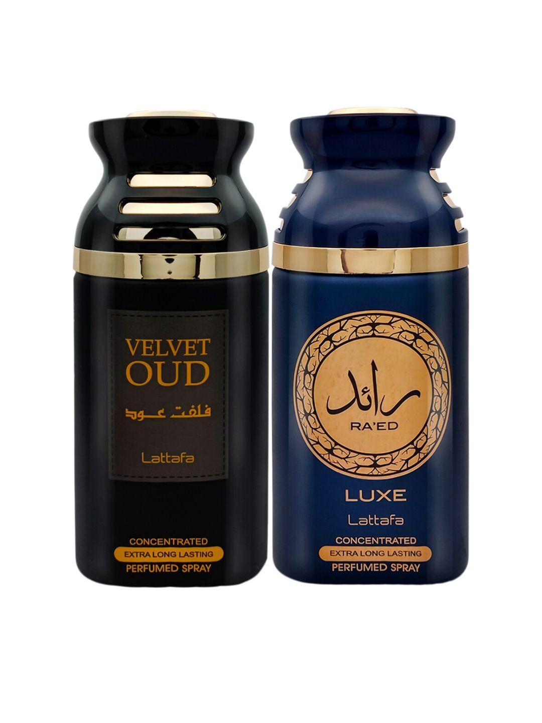 lattafa set of 2 black velvet oud & raeed luxe perfumed body spray 250 ml