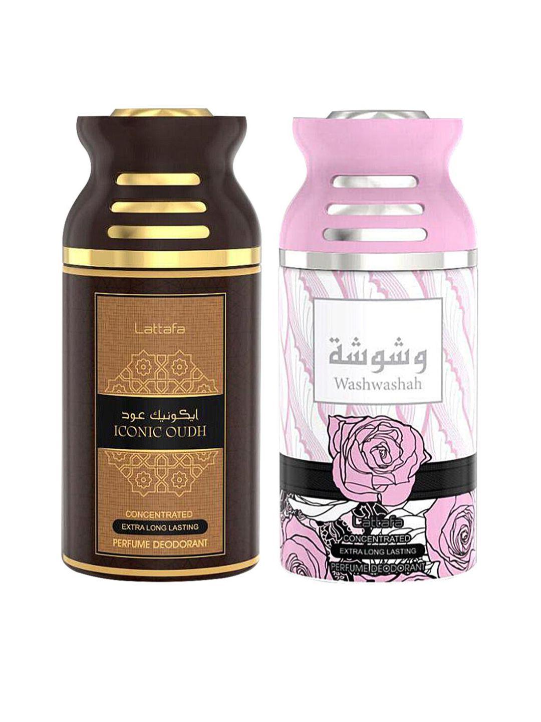 lattafa set of 2 brown & pink iconic oudh & washwashah deodorant body spray 250ml