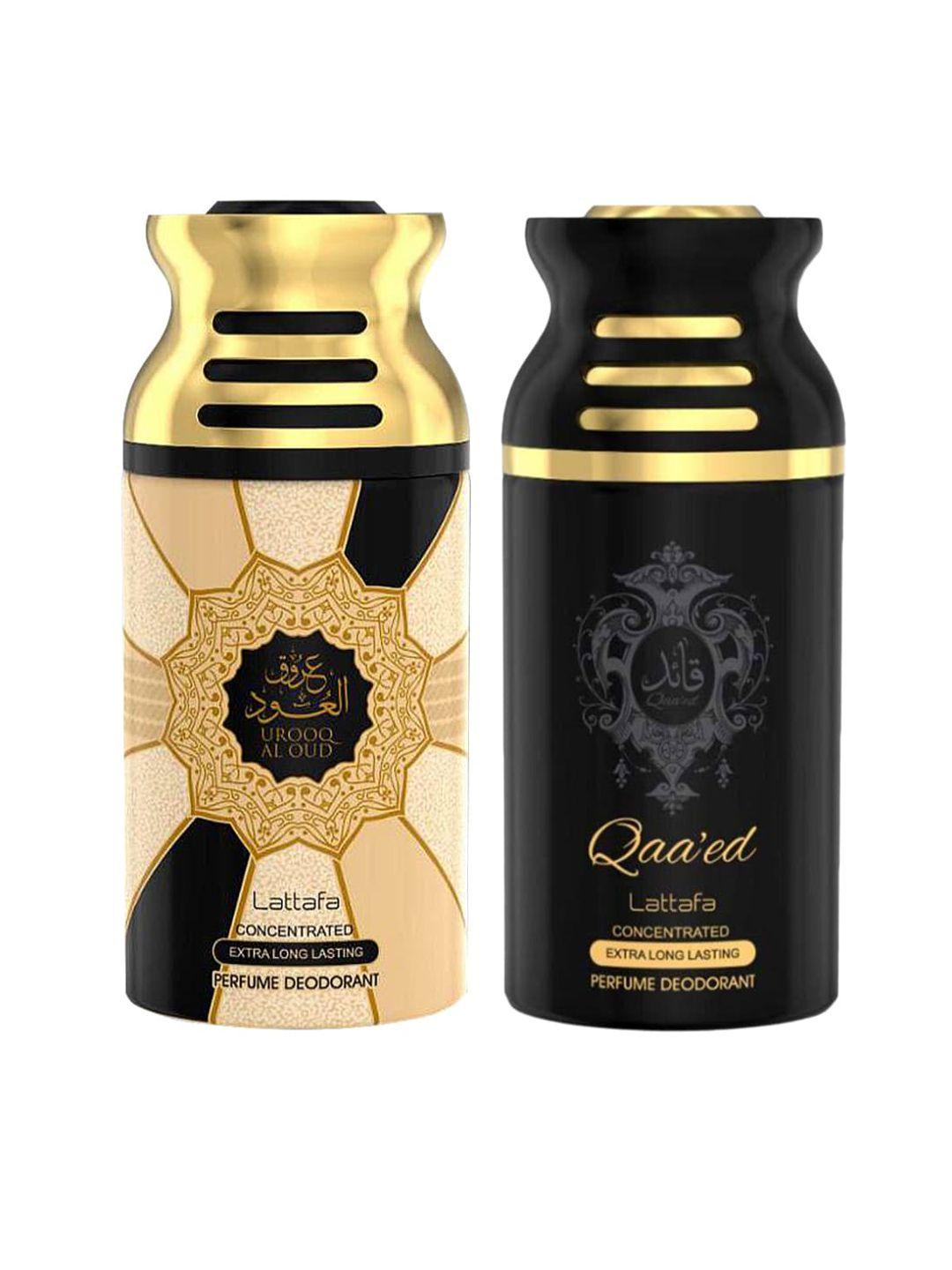 lattafa set of 2 gold urooq al oud & qaeed perfumed deodorant 250 ml