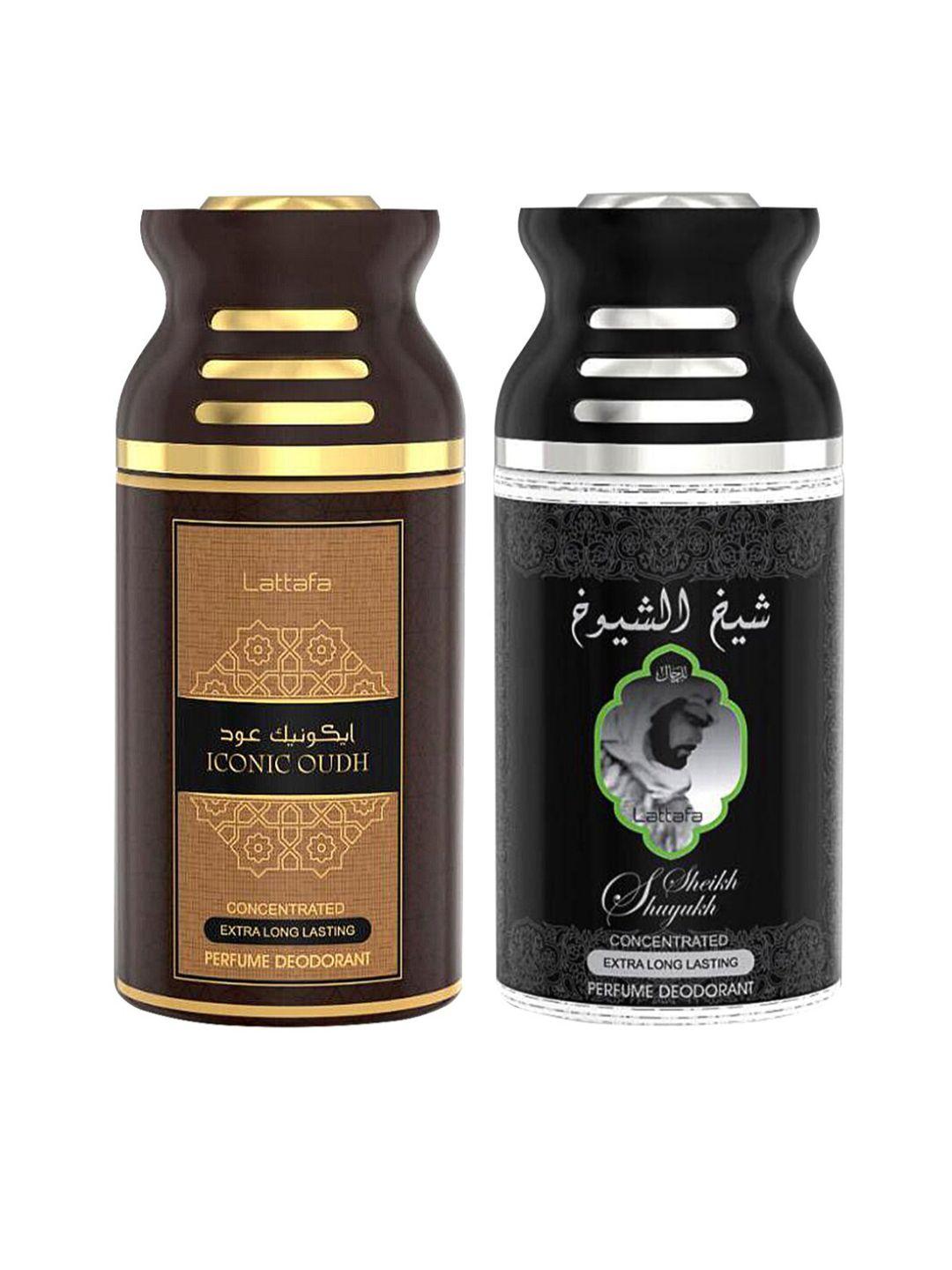 lattafa set of 2 iconic oudh & sheik al suyukh perfumed deodorant body spray 250ml