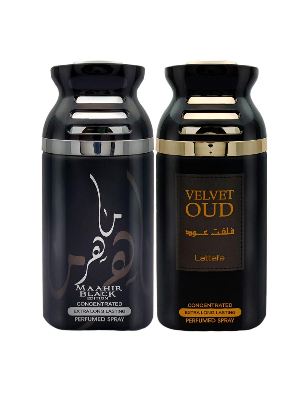 lattafa set of 2 maahir black & velvet oud perfumed spray body 500ml