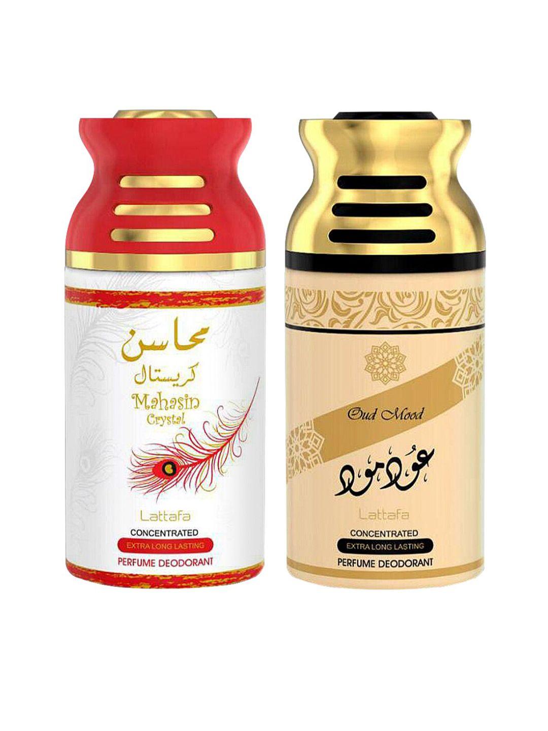 lattafa set of 2 mahasin crystal & oud mood perfumed deodorants 250 ml