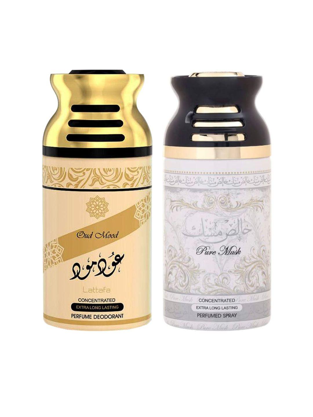 lattafa set of 2 oud mood & pure musk perfumed deodorant bodyspray