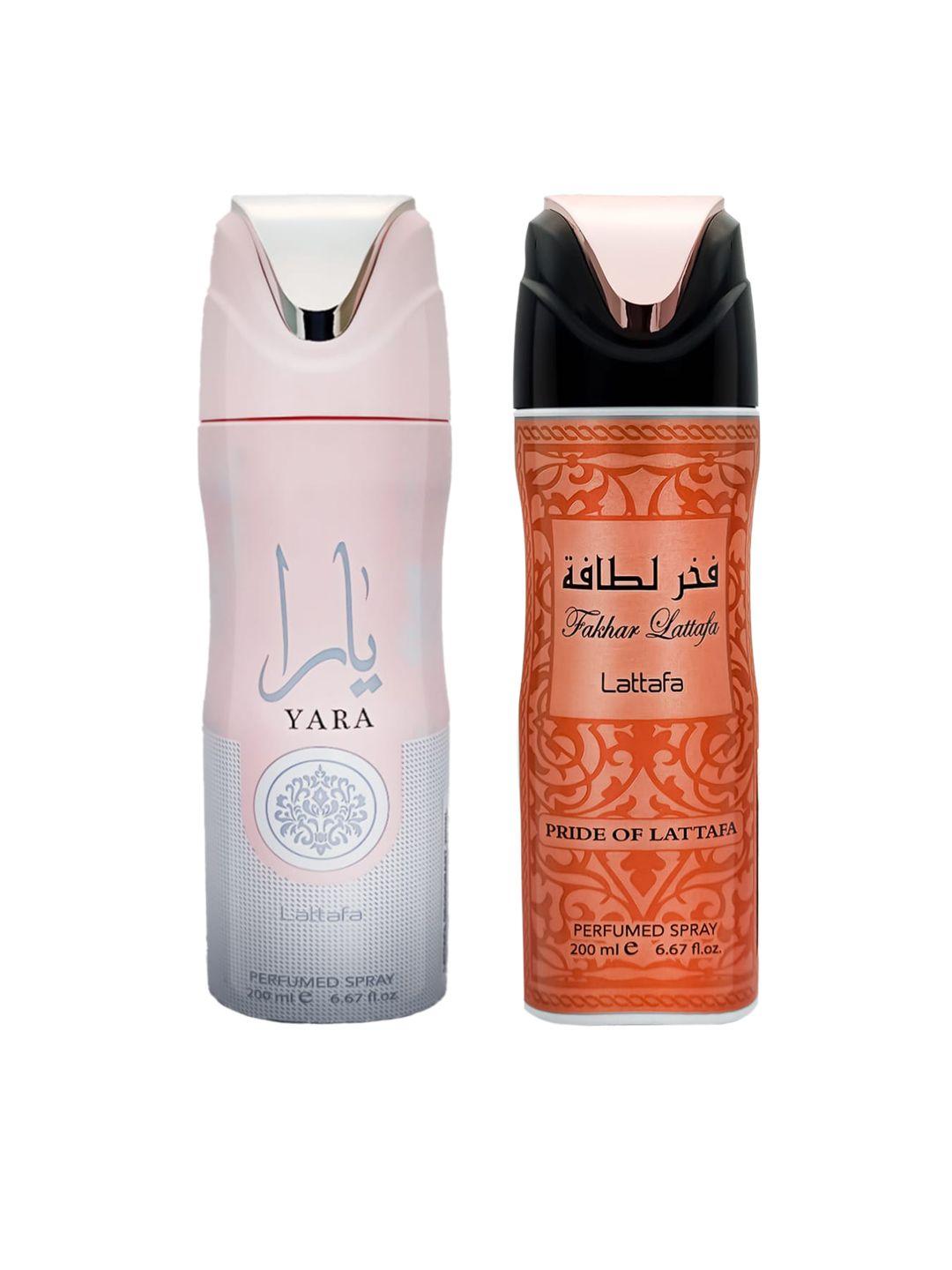 lattafa set of 2 pink musk yara & fakhar perfumed body spray deodorant 200 ml