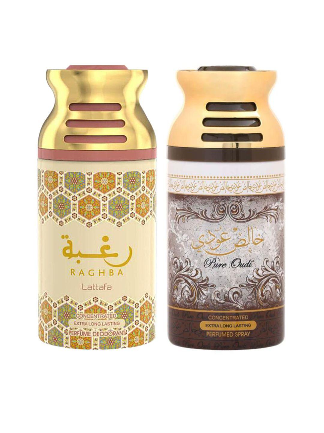 lattafa set of 2 raghba & pure oudi perfumed deodorant bodyspray