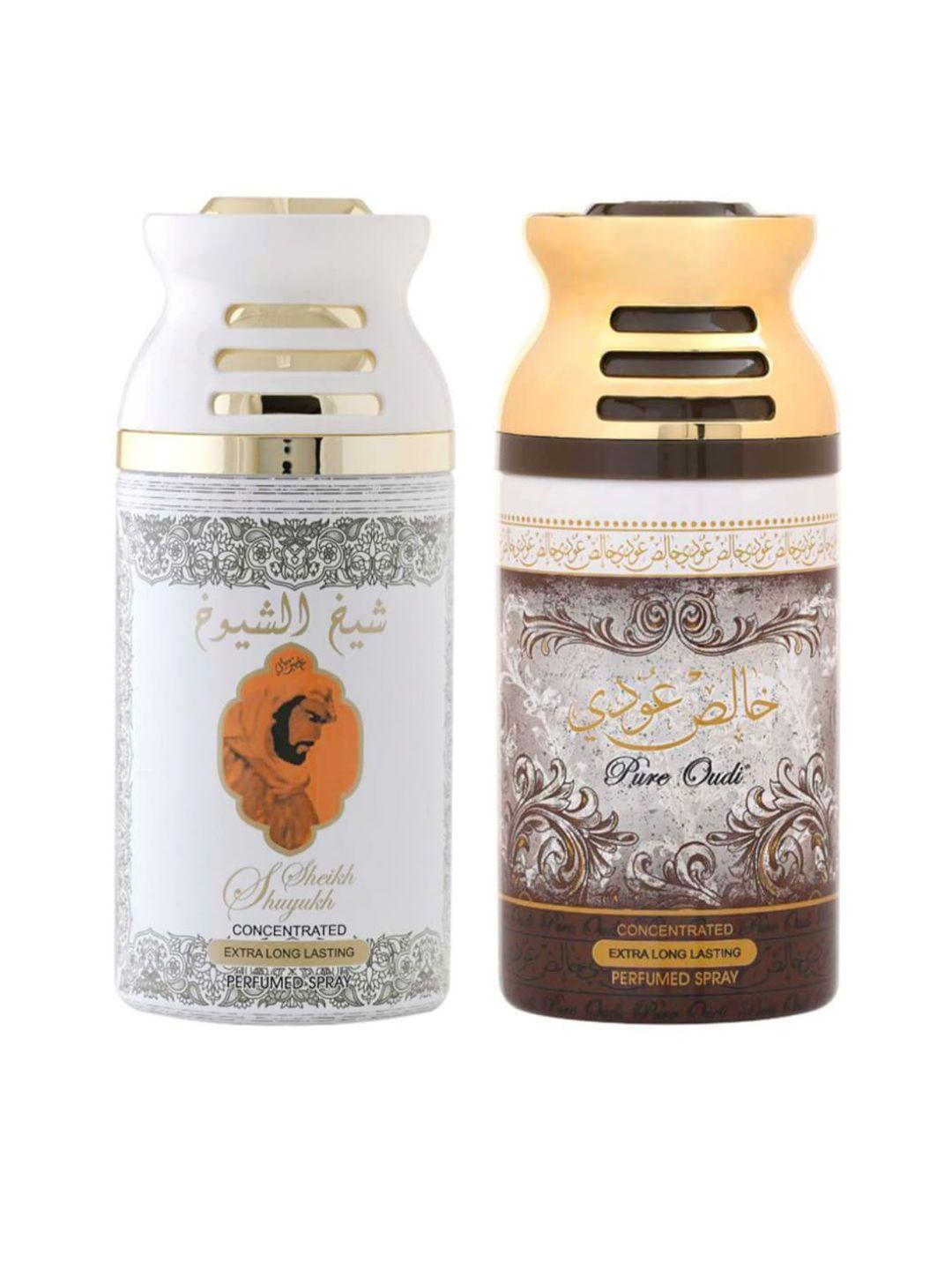 lattafa set of 2 sheik al suyukh kususi & pure oudi perfumed deodorant body spray 250ml