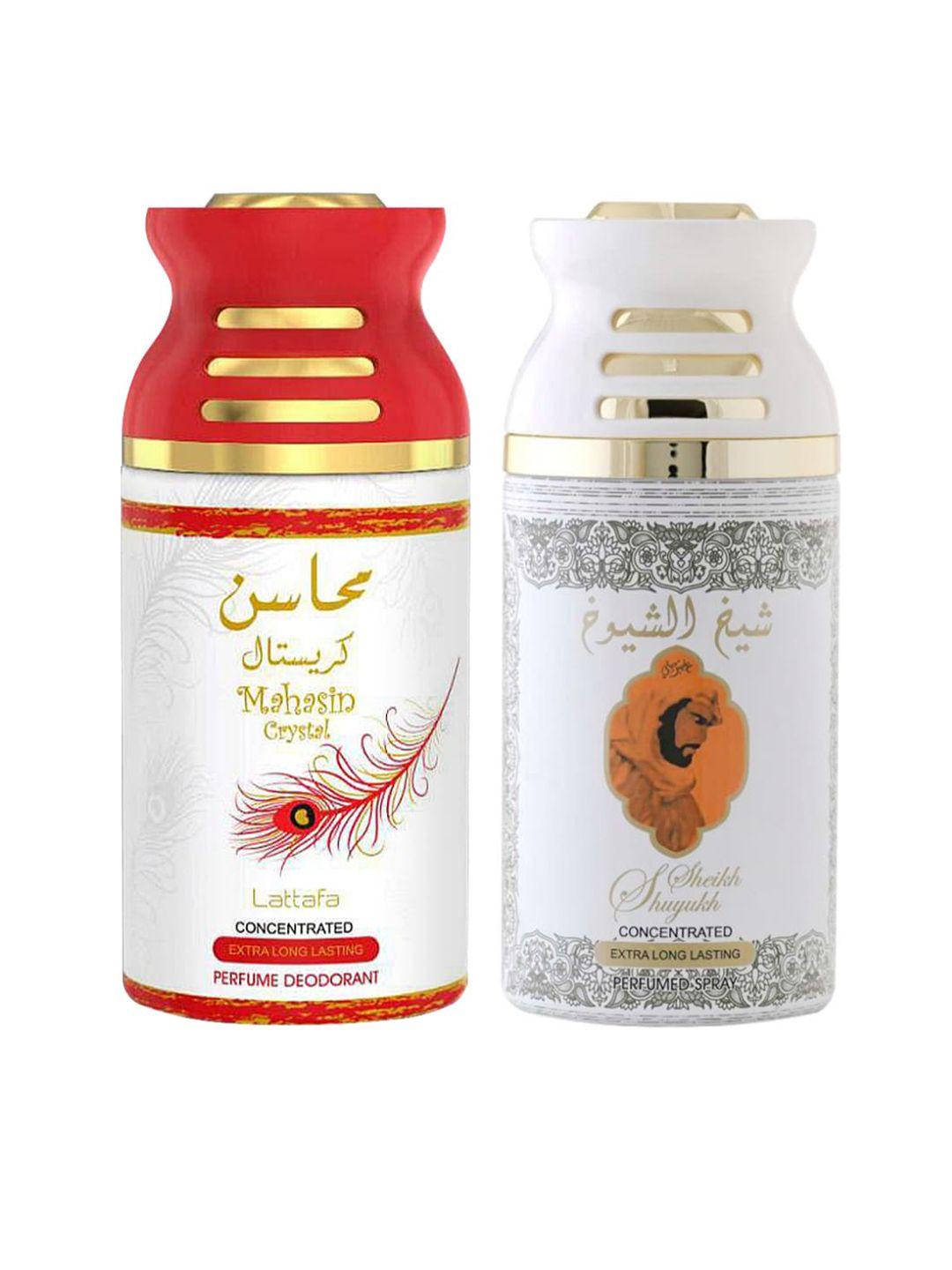 lattafa set of 2 white mahasin crystal & sheik al shuyukh kususi perfumed deodorant 250 ml