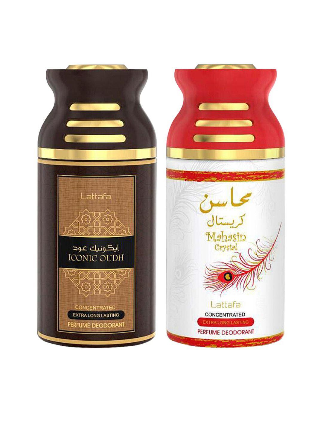 lattafa unisex brown & white pack of 2 iconic oudh & mahasin perfumed deodorant - 250 ml