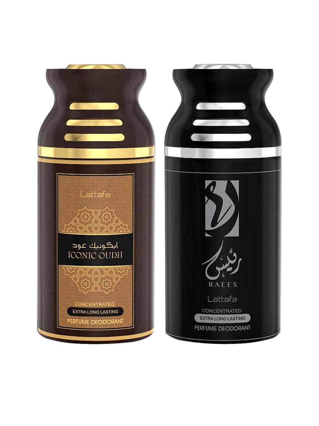 lattafa unisex iconic oudh & raees perfumed deodorant bodyspray, 250ml pack of 2