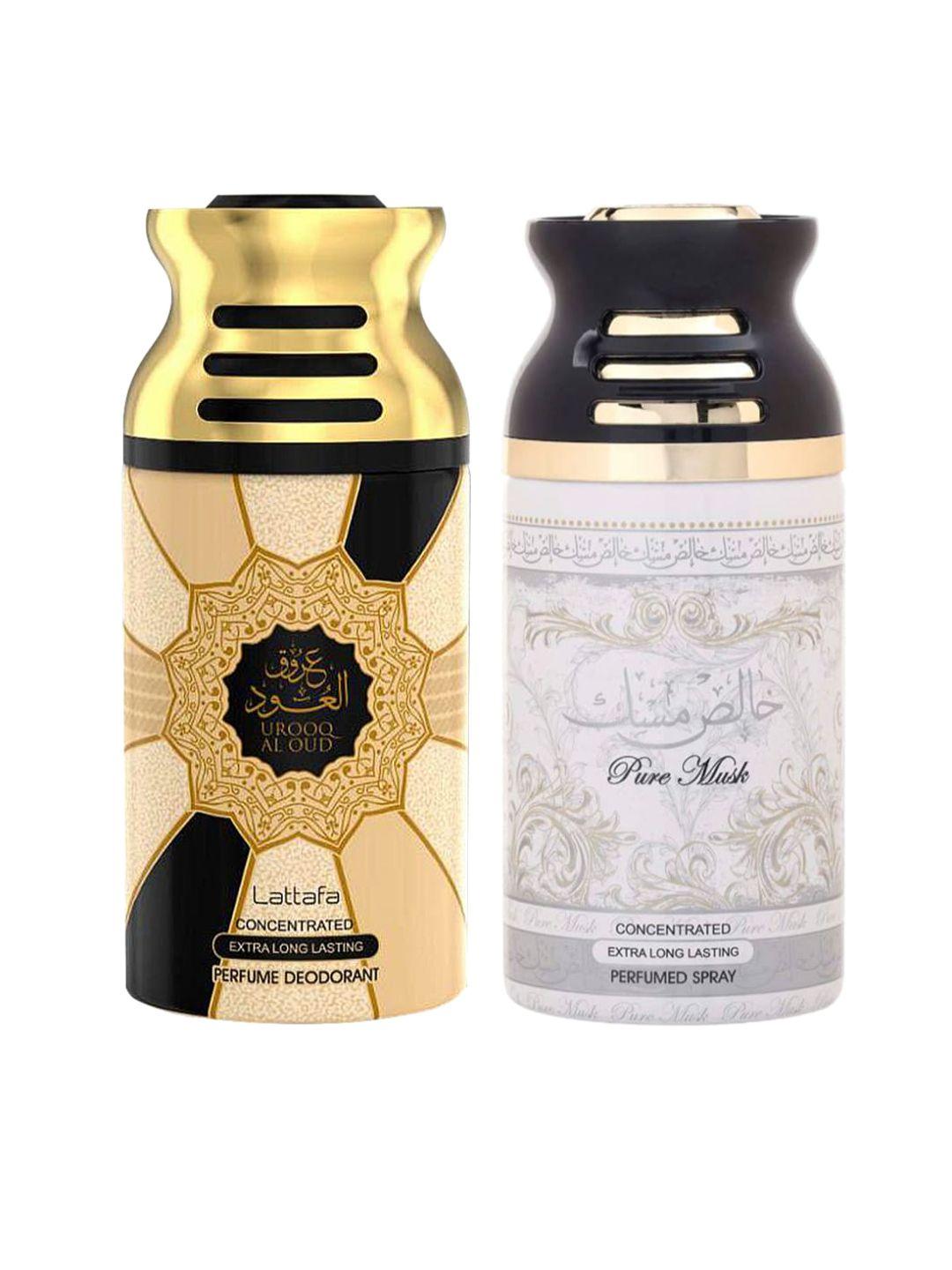 lattafa unisex urooq al oud & pure musk perfumed deodorant bodyspray, 250ml pack of 2
