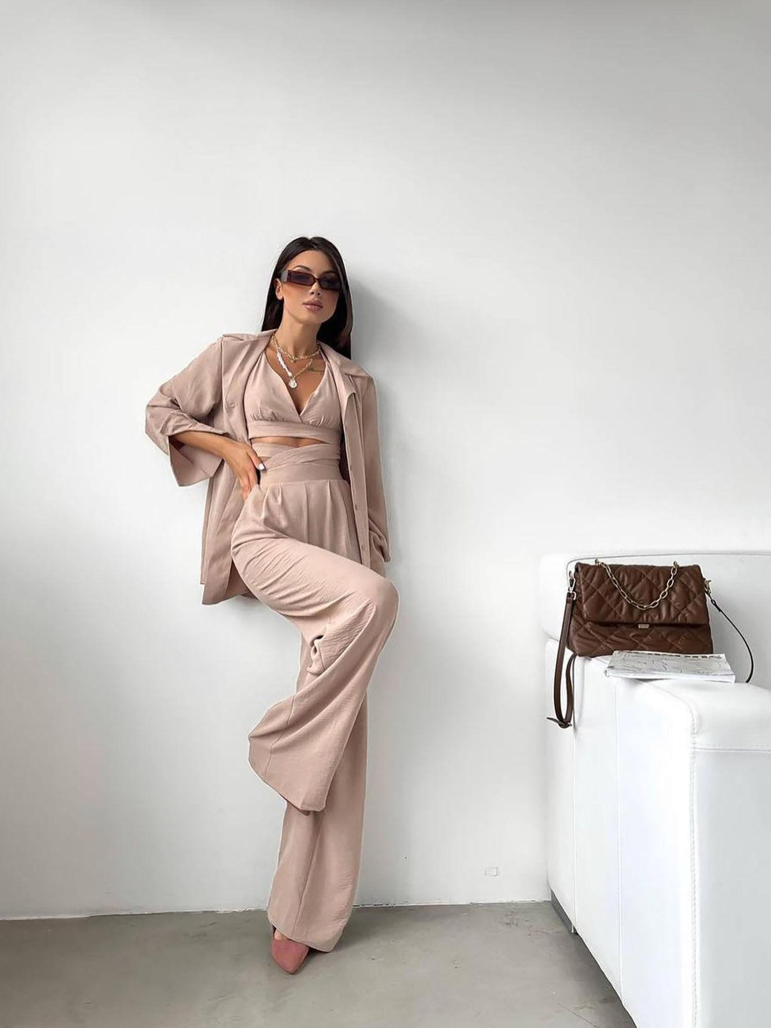 lauren beige solid co-ord (set of 3)