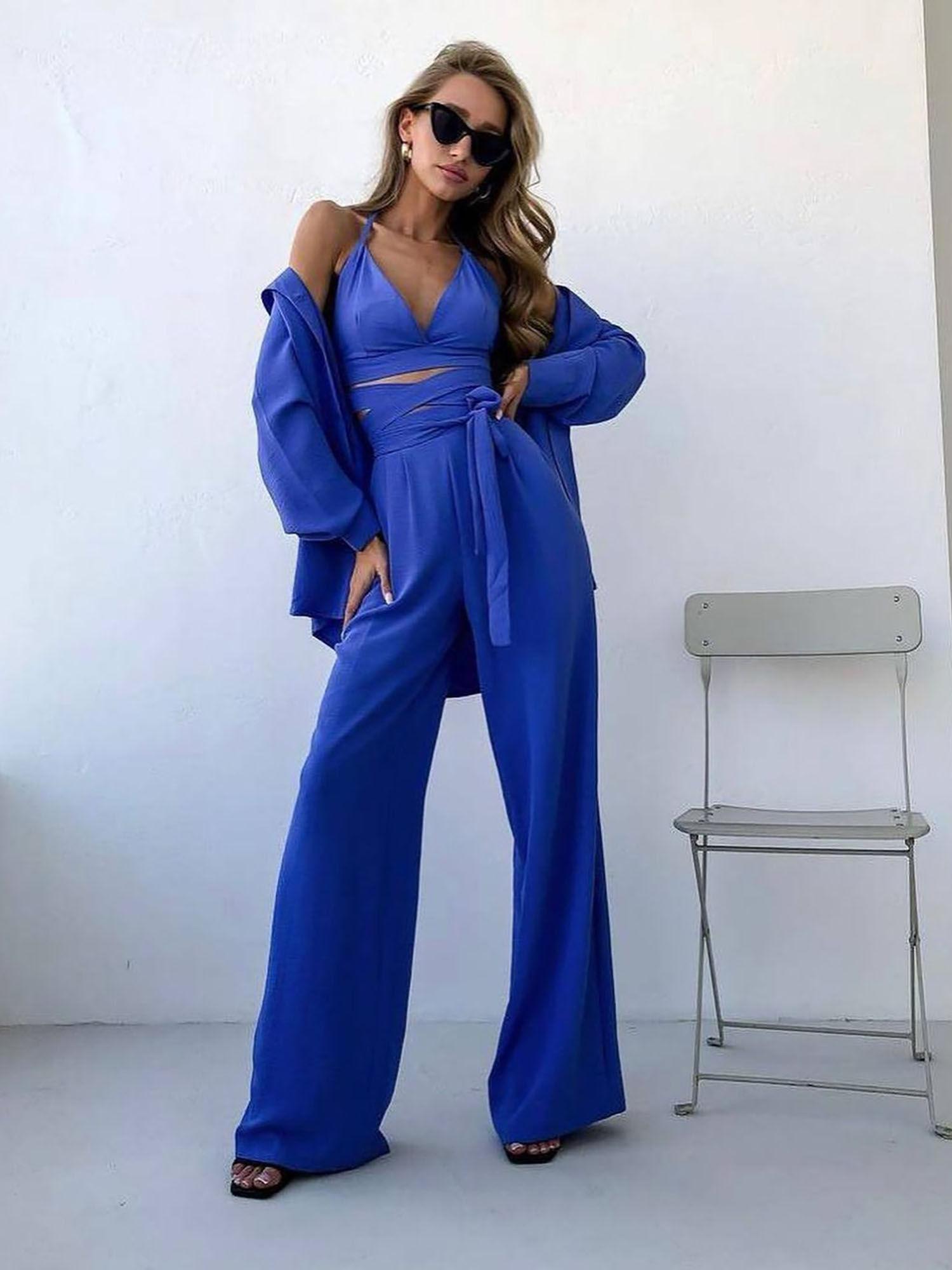 lauren blue solid co-ord (set of 3)