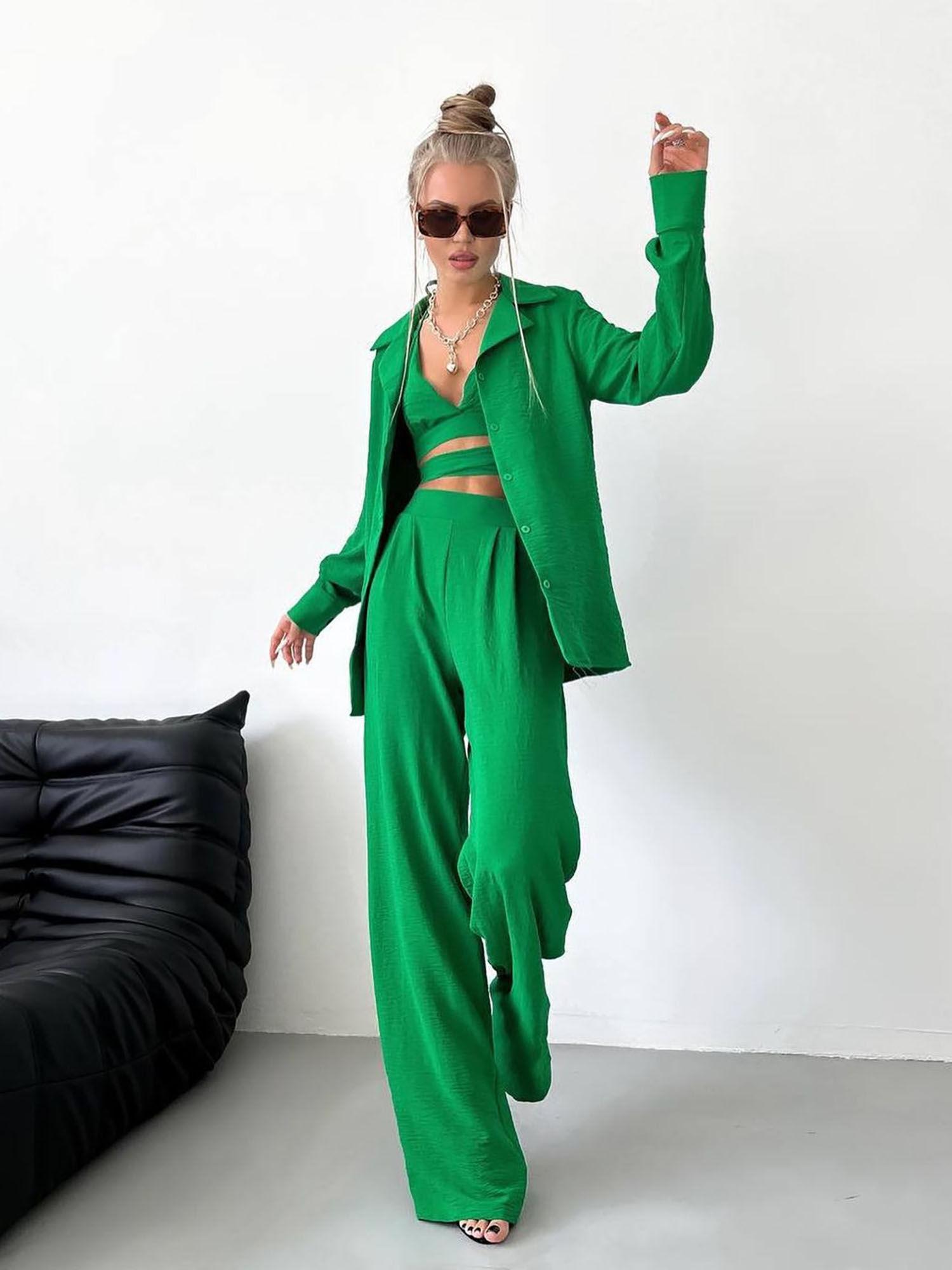 lauren green solid co-ord (set of 3)