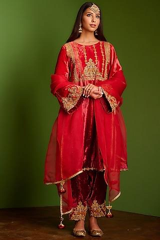 lava red & crimson red ombre velvet kurta set