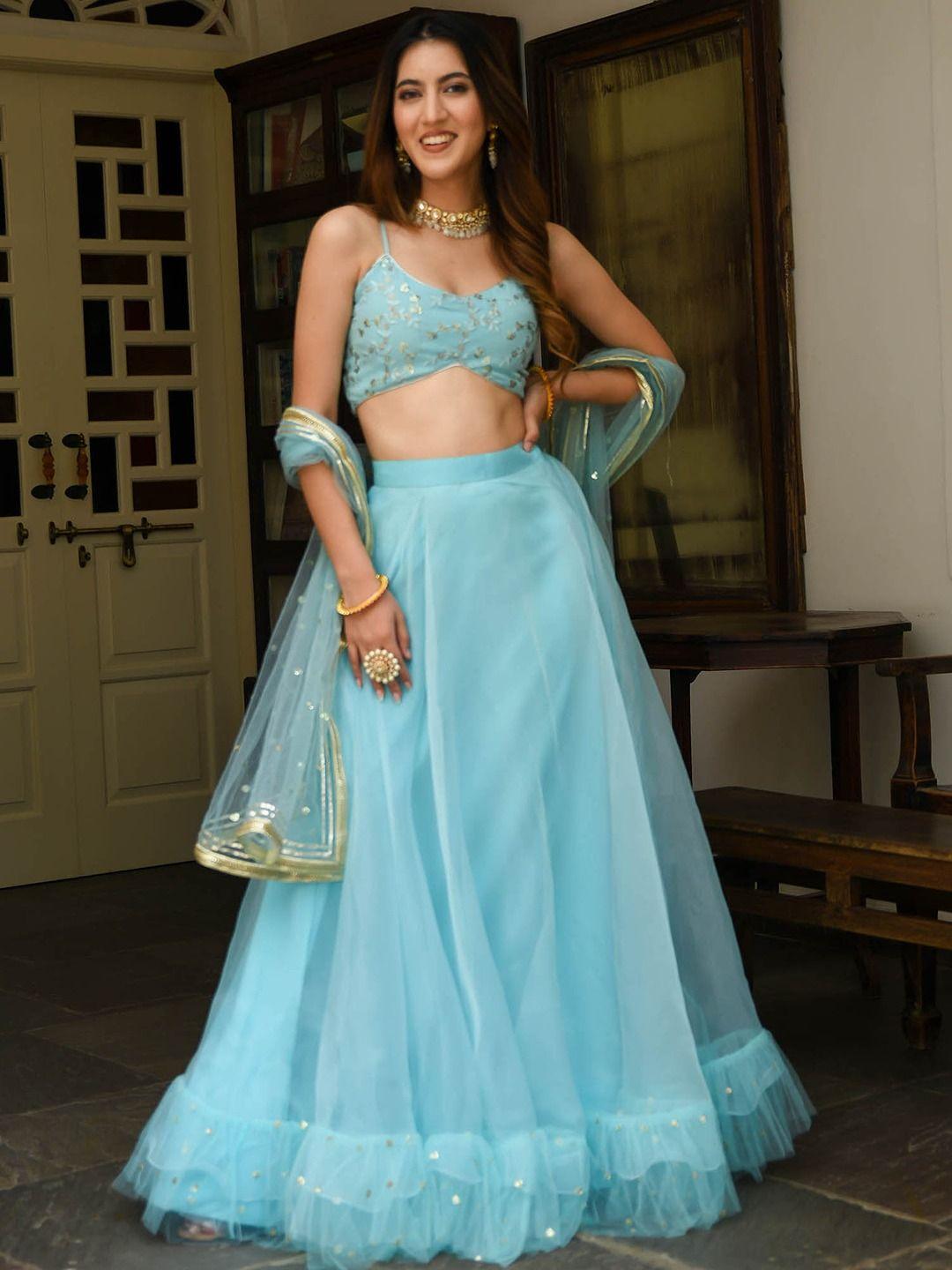 lavanya the label blue & gold-toned embellished sequinned ready to wear lehenga & blouse with dupatta