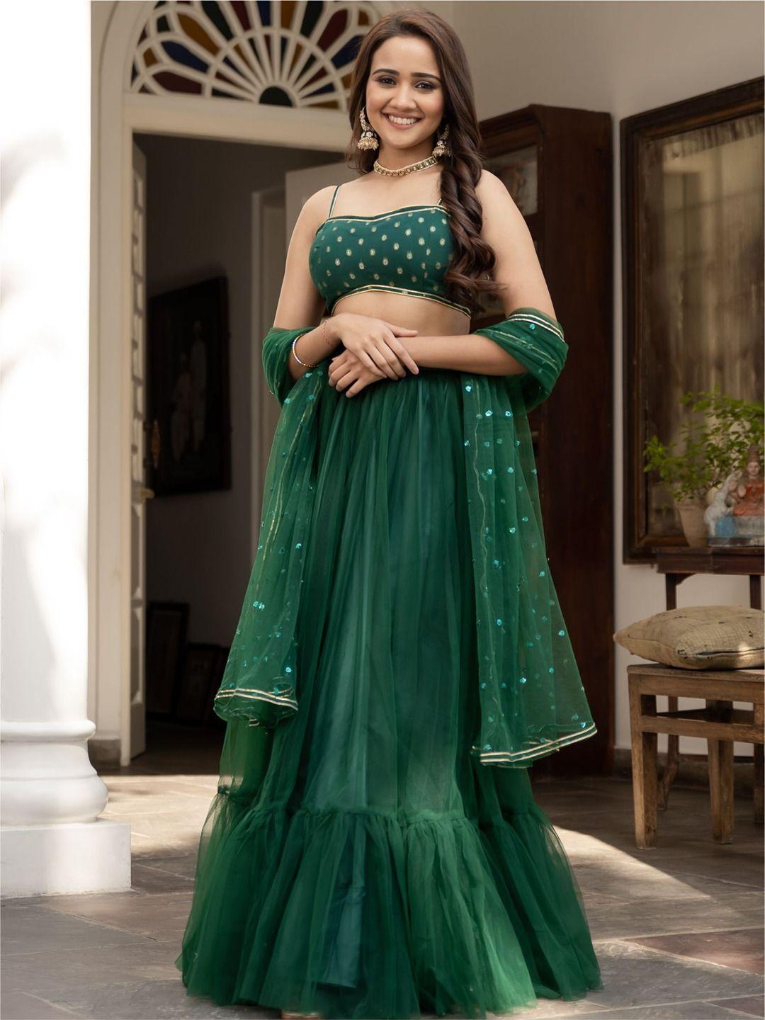lavanya the label green & gold-toned embroidered ready to wear lehenga & blouse with dupatta