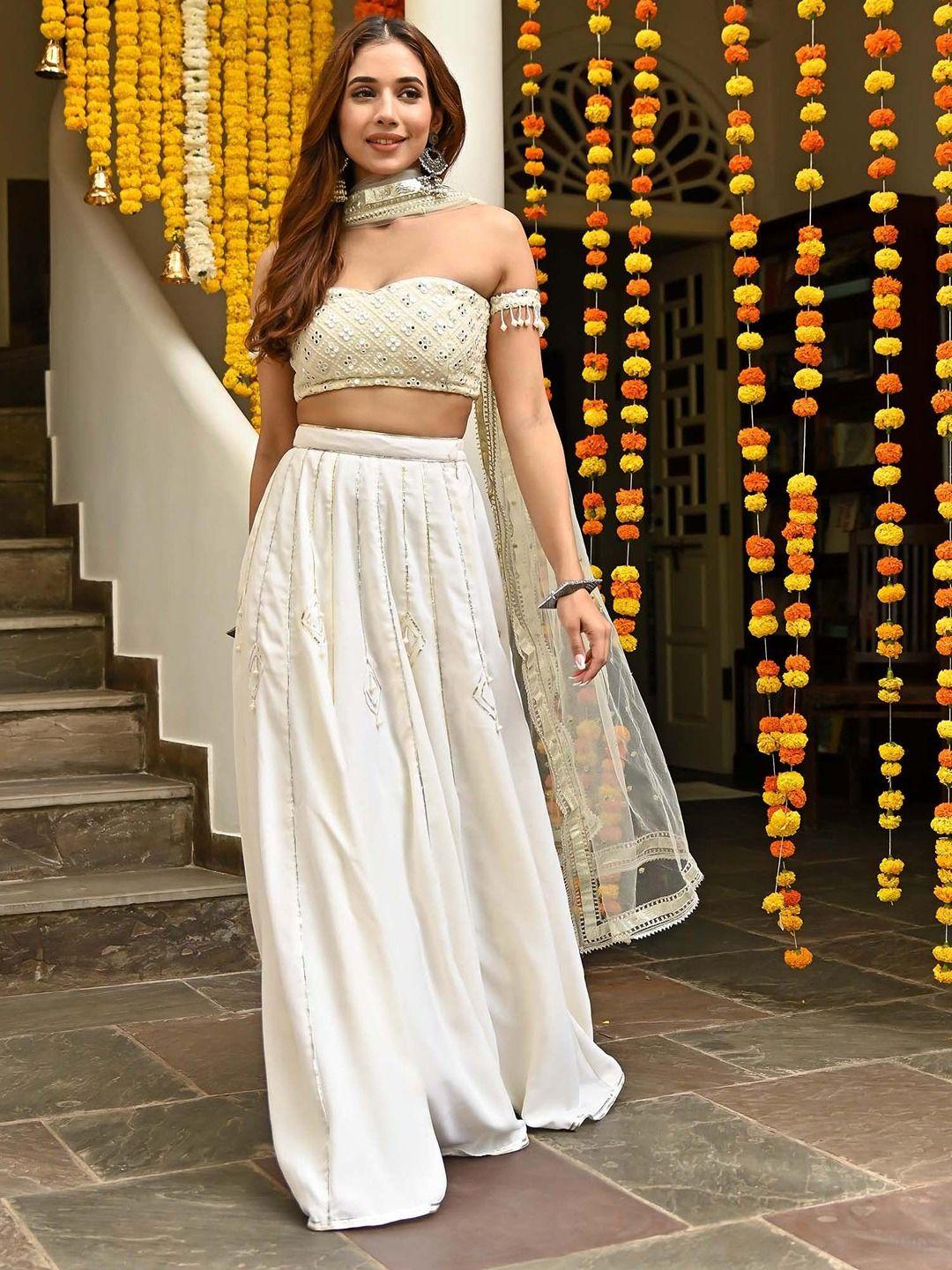 lavanya the label off white & gold-toned embellished mirror work ready to wear lehenga & blouse with dupatta