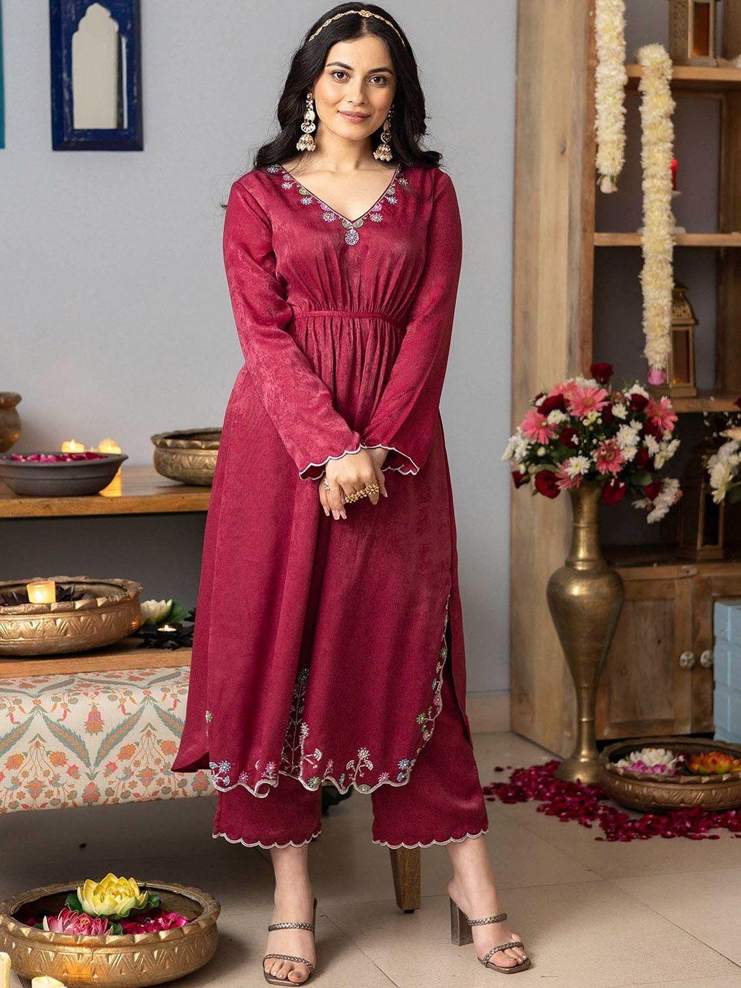 lavanya the label women embroidered beads and stones velvet kurta with palazzos