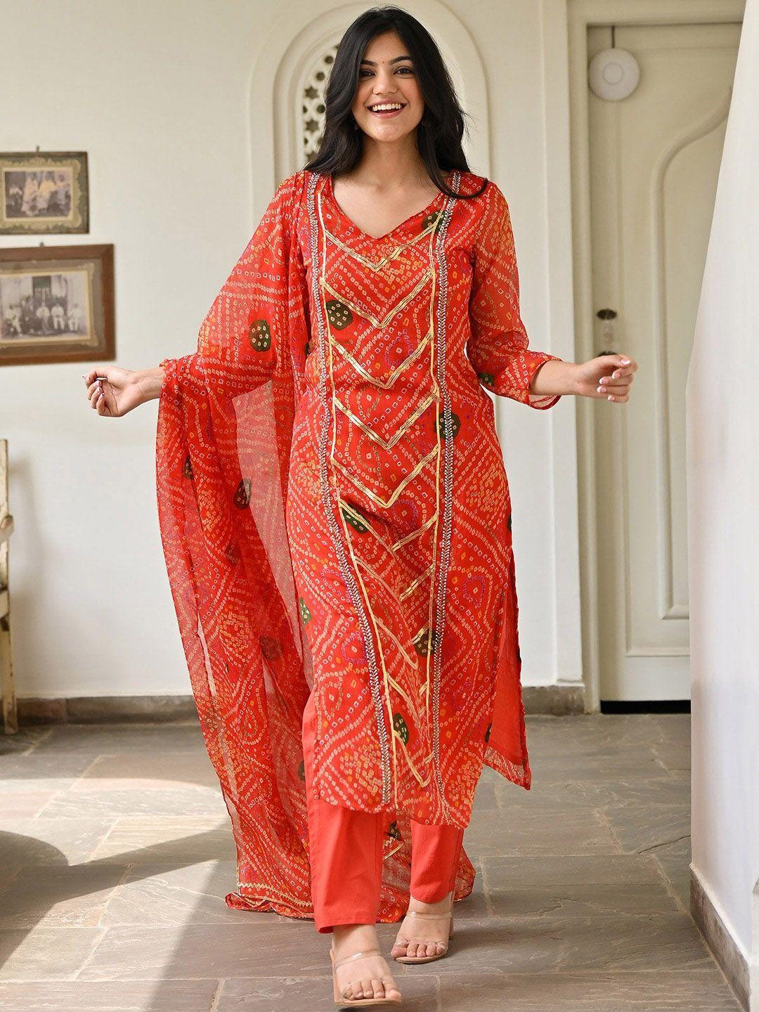 lavanya the label bandhani printed regular gotta patti kurta with trousers & with dupatta