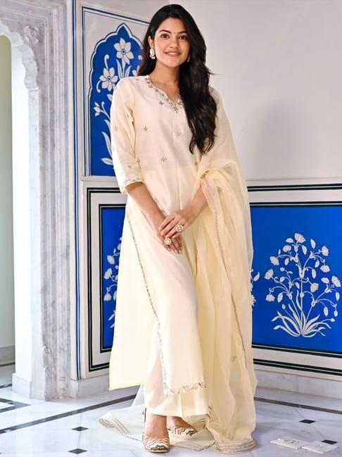 lavanya the label beige embroidered kurta pant set with dupatta