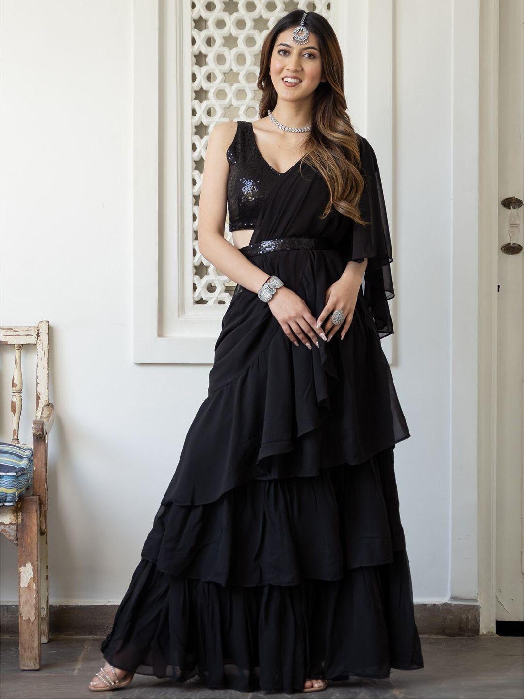 lavanya the label black ready to wear ruffle saree with stitched blouse