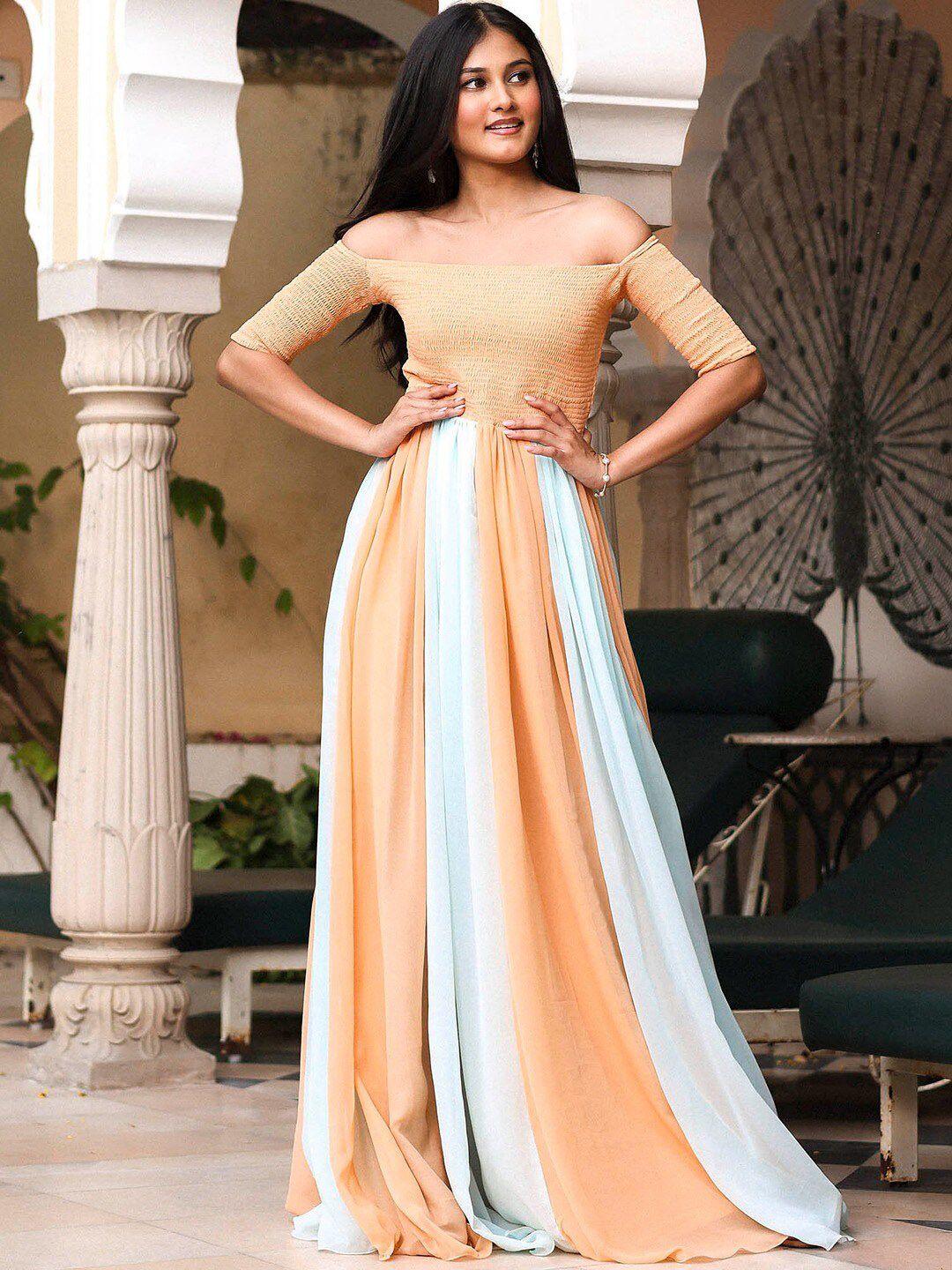 lavanya the label colourblocked off-shoulder georgette maxi dress