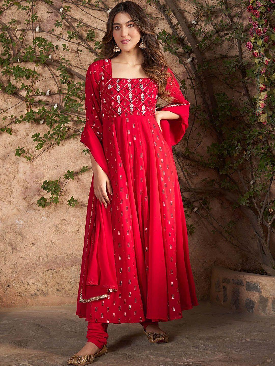 lavanya the label embroidered georgette anarkali kurta with churidar & with dupatta