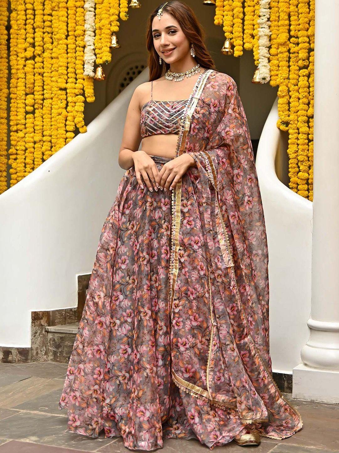 lavanya the label grey & pink printed ready to wear lehenga & blouse with dupatta