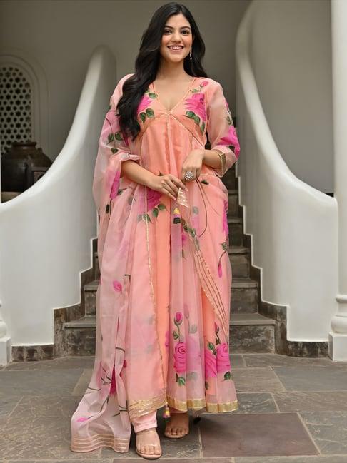 lavanya the label peach printed anarkali pant set with dupatta