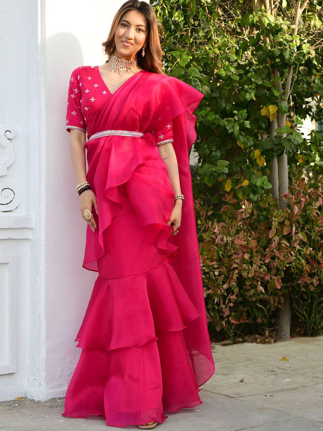 lavanya the label pink organza ready to wear ruffle saree with stitched blouse