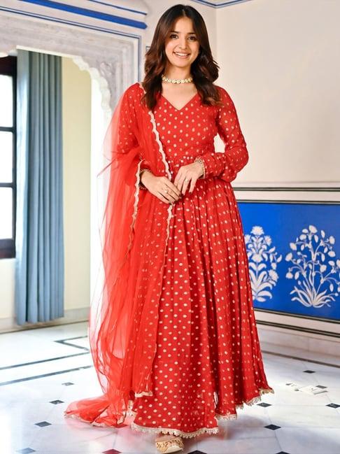 lavanya the label red embroidered kurta churidar set with dupatta