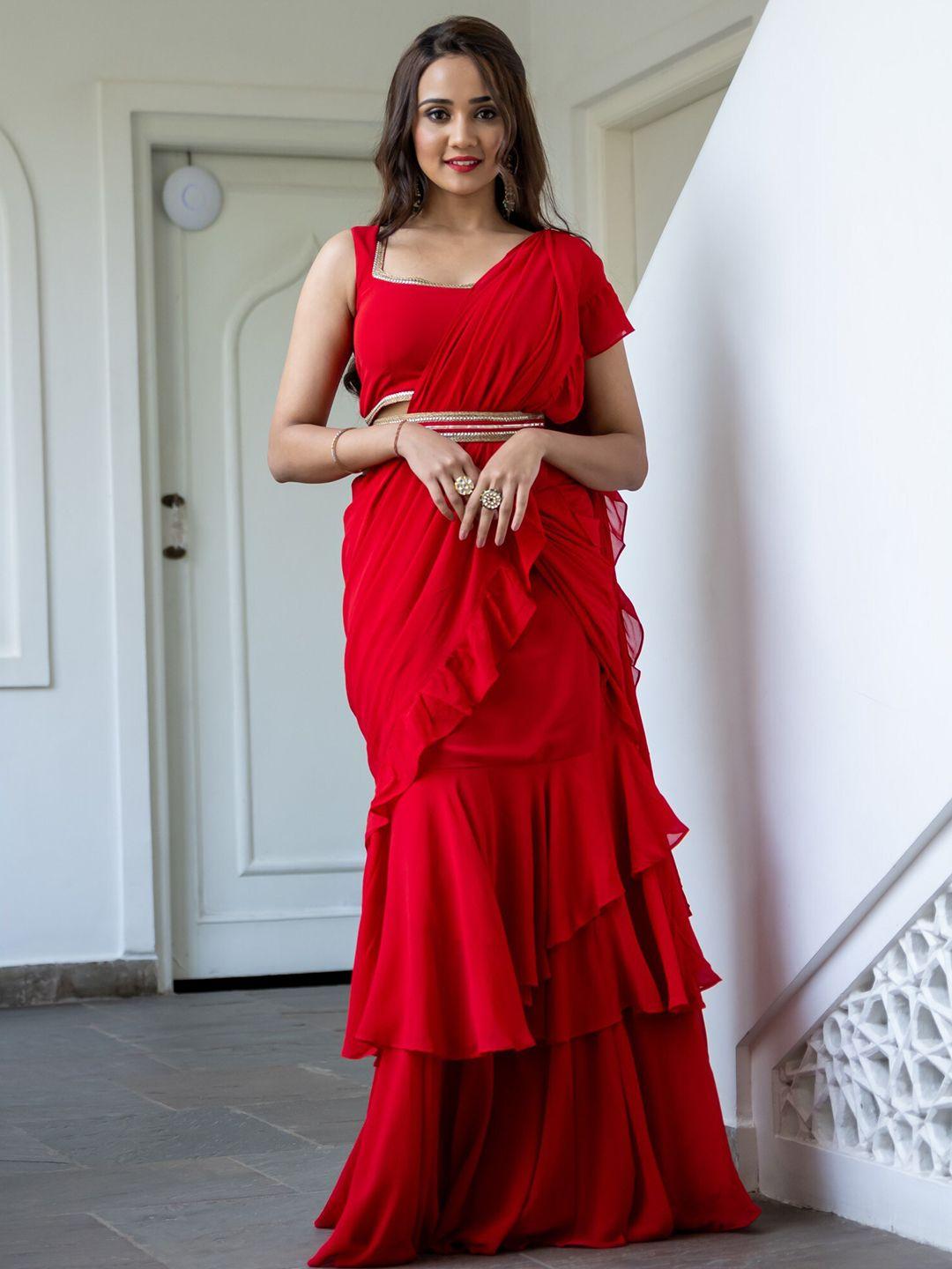 lavanya the label red pure georgette ruffles saree