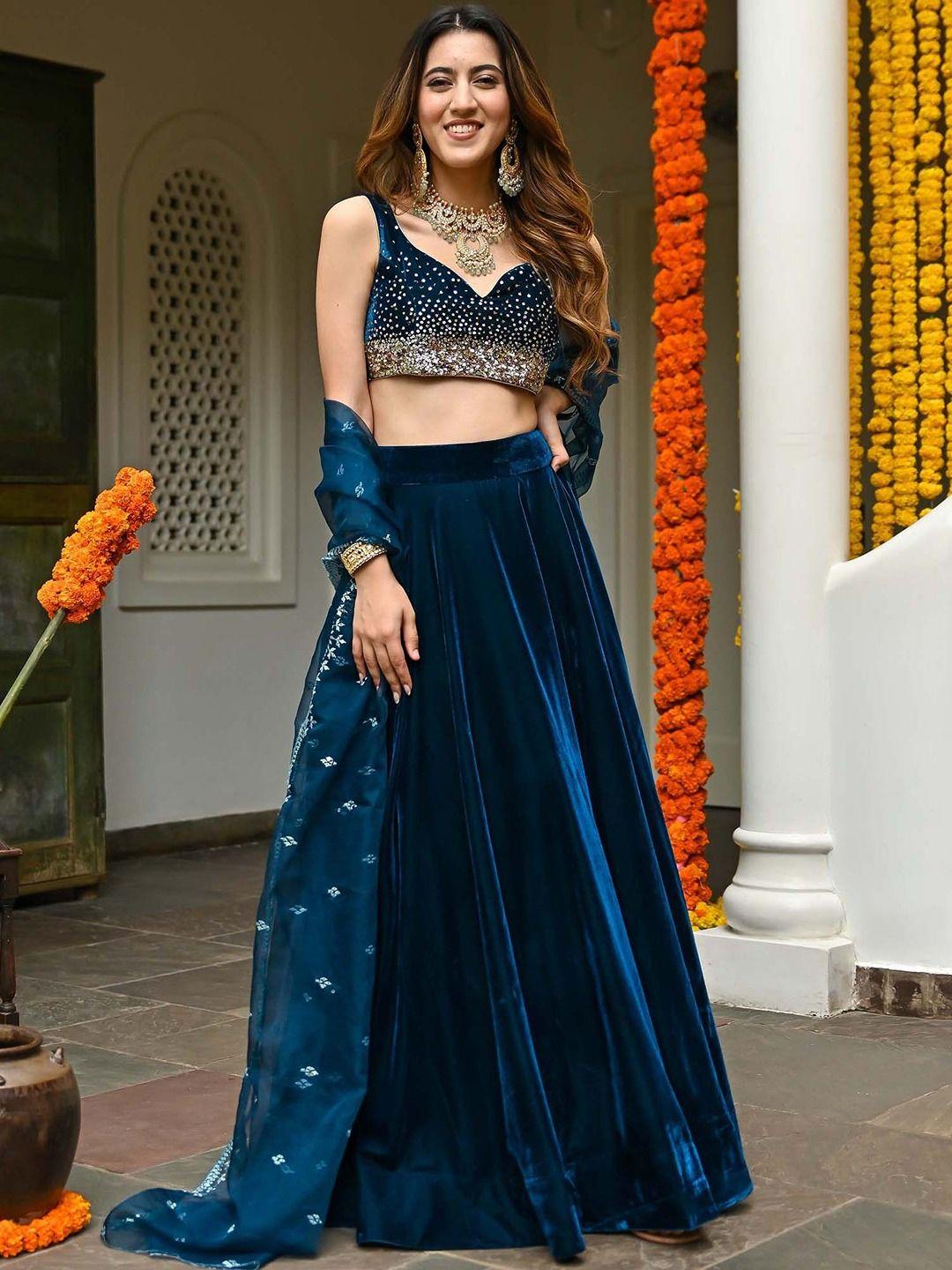 lavanya the label teal & gold-toned embellished sequinned ready to wear lehenga & blouse with dupatta
