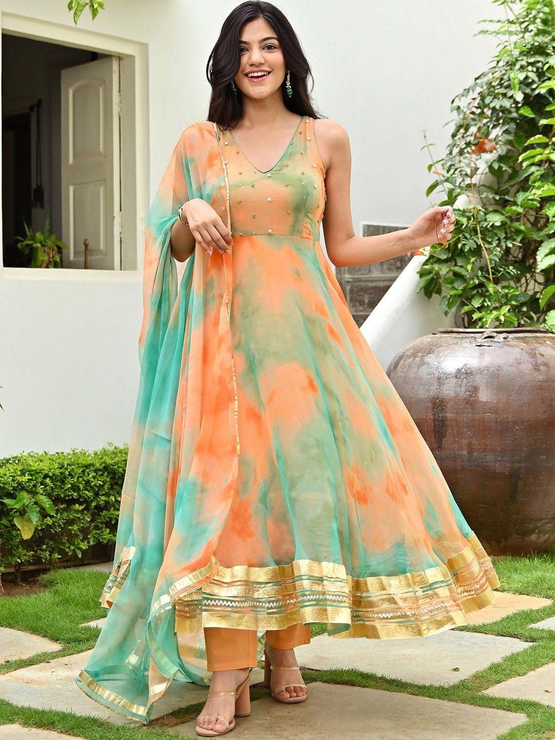 lavanya the label tie-dye printed anarkali kurta with trousers & dupatta