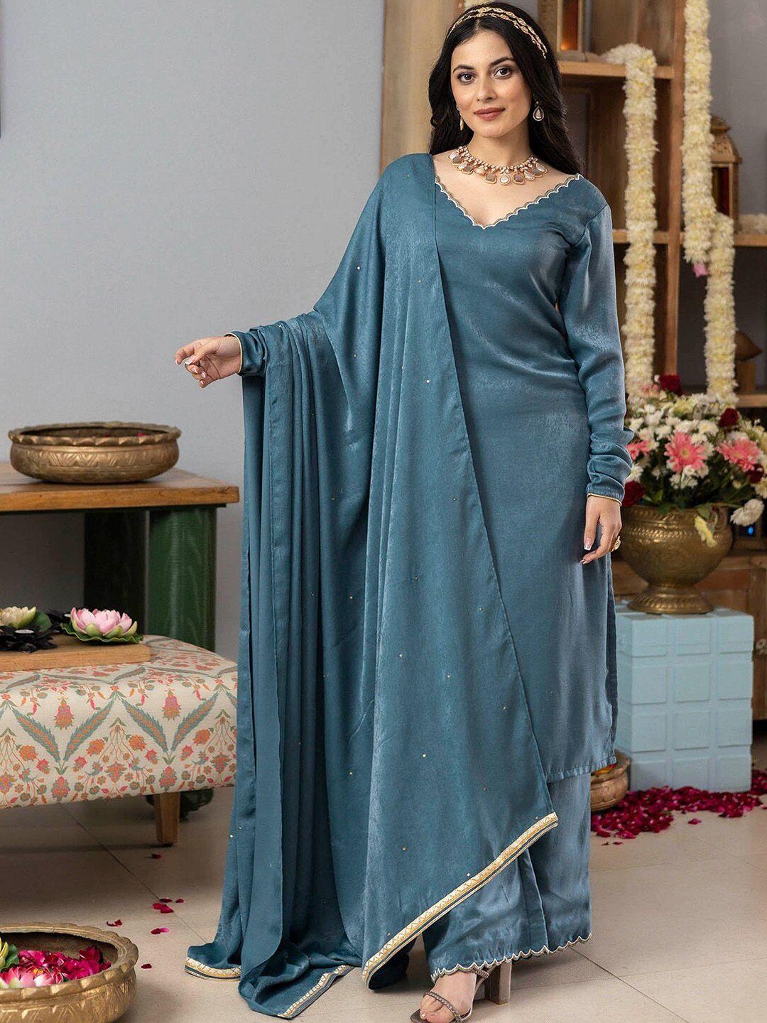 lavanya the label v-neck velvet straight kurta with palazzos & with dupatta