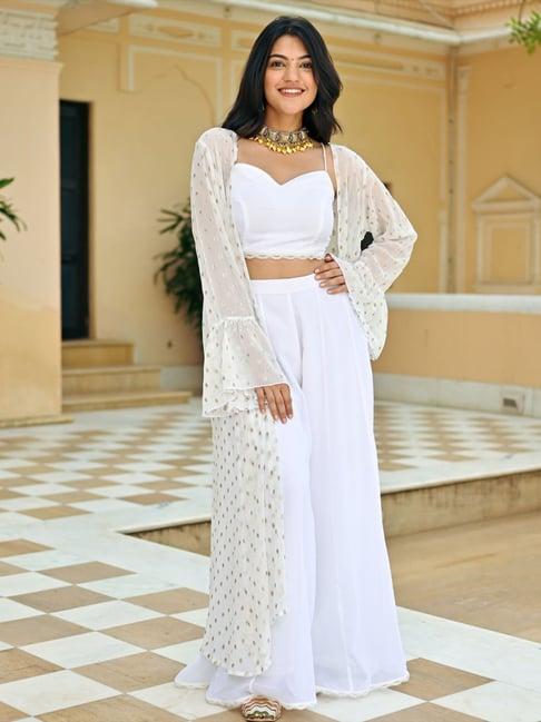 lavanya the label white embroidered crop top palazzo set with jacket