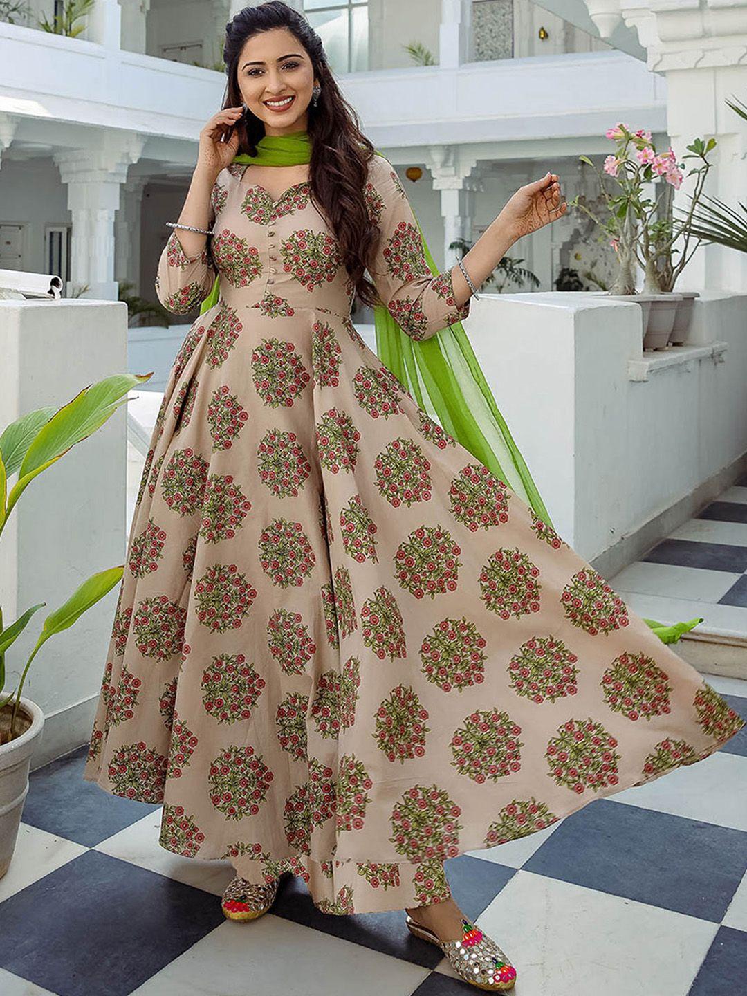 lavanya the label women beige & green printed kurta with palazzos & dupatta