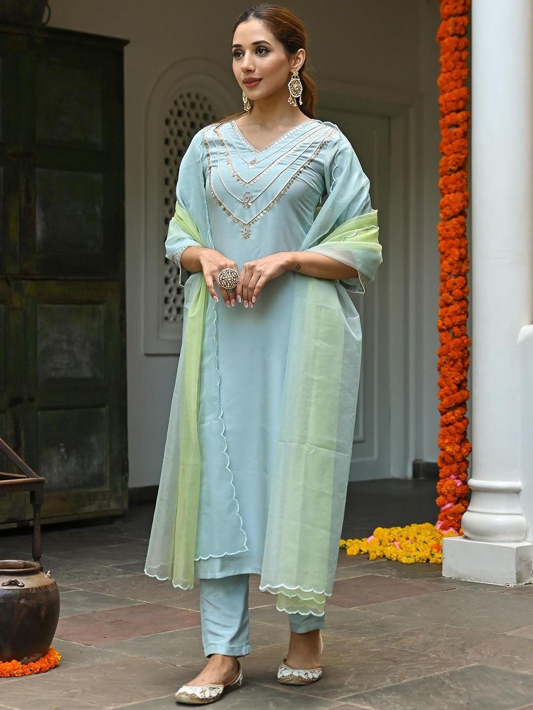 lavanya the label women blue ethnic motifs embroidered kurta with trousers & with dupatta