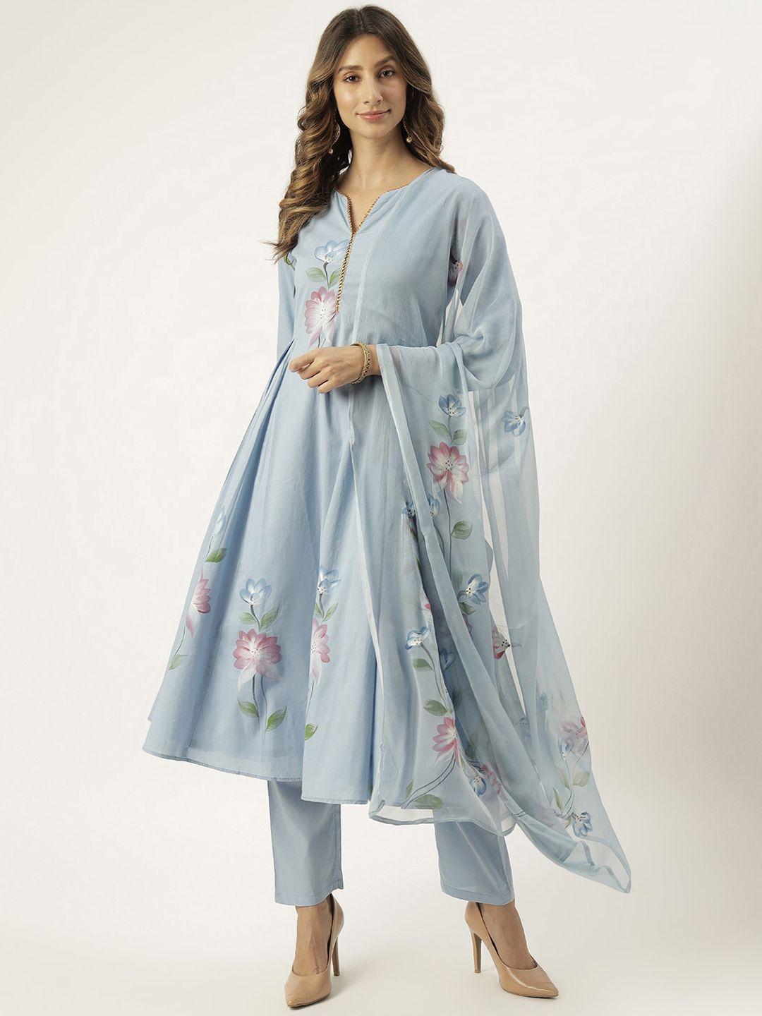 lavanya the label women blue floral printed panelled pure cotton kurti with trousers & with dupatta