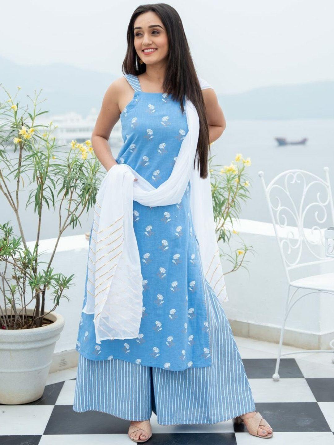lavanya the label women blue floral printed pure cotton kurta with palazzos & with dupatta